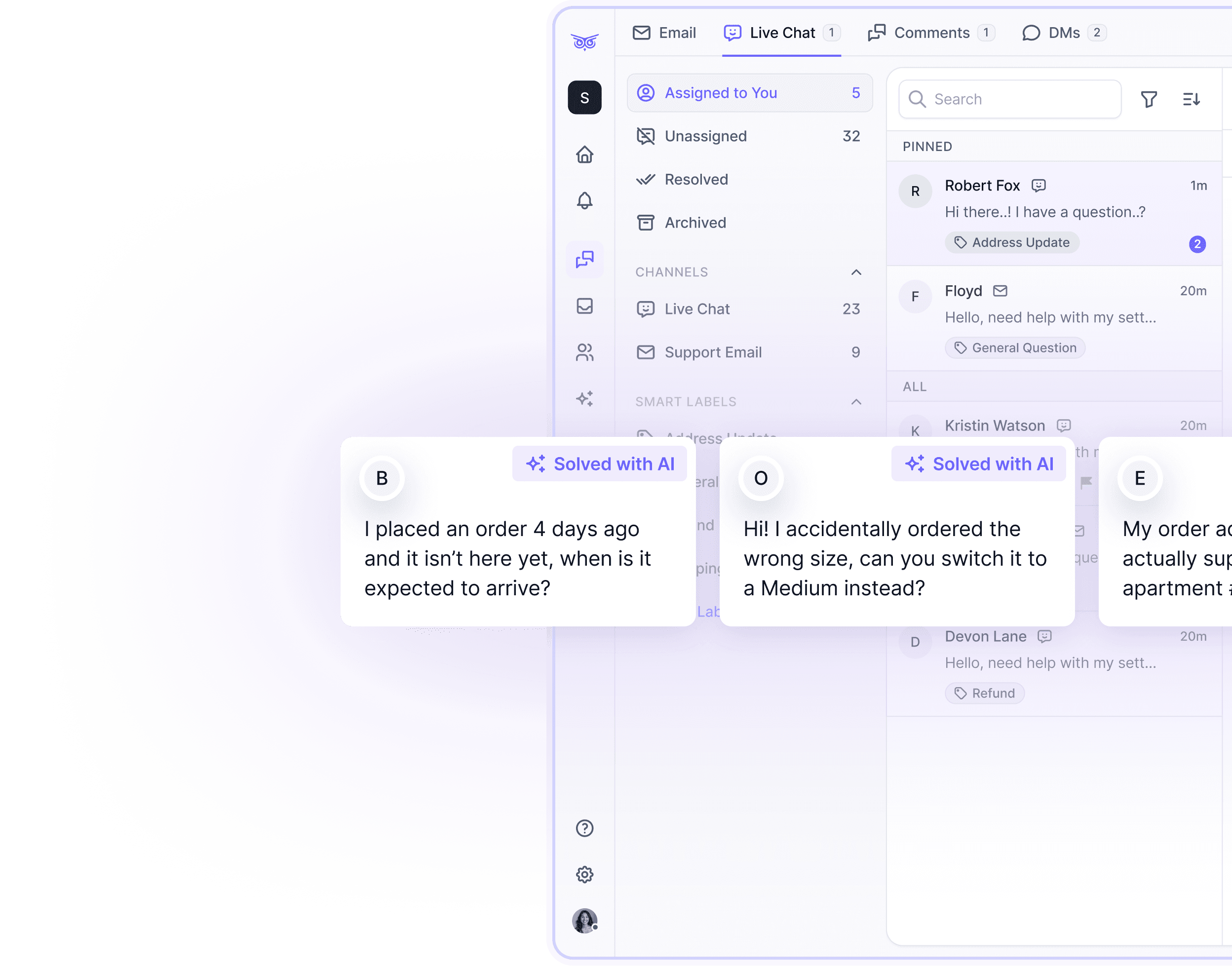 Brandwise AI helpdesk interface showing email, live chat, DMs, and support features